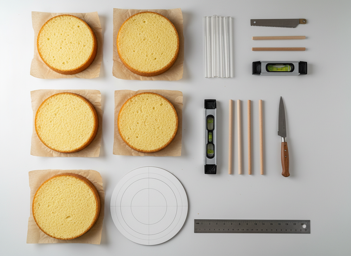 An ultra-clean overhead photographic view of a deconstructed cake engineering setup on a matte white work surface. Pre-baked sponge layers of different diameters rest on parchment, each with a fine, even crumb. Beside them lie neatly arranged acrylic and wooden dowels, a small handsaw, bubble level, and a sharpened paring knife. A stainless-steel ruler aligns with a central cake board marked with precise concentric circles sketched in pencil. Cool, diffused daylight from a nearby window creates soft, shadowless illumination, emphasizing textures and edges without harsh contrast. The composition follows a minimalist, grid-like layout with ample negative space, evoking calm precision and a sophisticated, almost architectural mood. The photographic realism highlights technical details and the quiet discipline behind structurally complex celebration cakes.